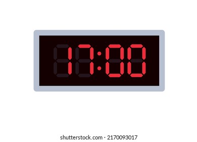 Ilustración plana vectorial de un reloj digital con 17.00 . Ilustración de alarma con diseño de números digitales. Icono de reloj por hora, mirar, señales de alarma