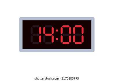 Vector flat illustration of a digital clock displaying 14.00 . Illustration of alarm with digital number design. Clock icon for hour, watch, alarm signs