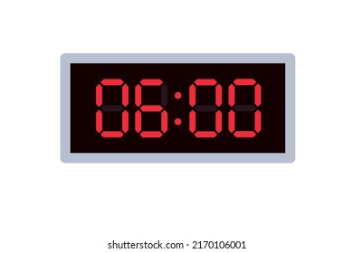 Ilustración plana vectorial de un reloj digital con 06.00 . Ilustración de alarma con diseño de números digitales. Icono de reloj por hora, mirar, señales de alarma