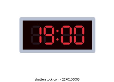 Ilustración plana vectorial de un reloj digital con 19.00 . Ilustración de alarma con diseño de números digitales. Icono de reloj por hora, mirar, señales de alarma