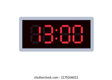 Ilustración plana vectorial de un reloj digital con 13.00 . Ilustración de alarma con diseño de números digitales. Icono de reloj por hora, mirar, señales de alarma