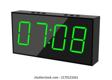 Vector flat illustration of a digital clock displaying 07.08 . Illustration of alarm with digital number design. Clock icon for hour, watch, alarm signs