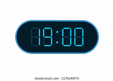 Ilustración plana vectorial de un reloj digital con 19.00 . Ilustración de alarma con diseño de números digitales. Icono de reloj por hora, mirar, señales de alarma