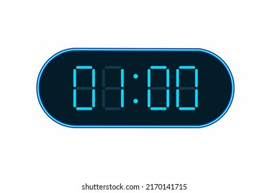 Ilustración plana vectorial de un reloj digital con 01.00 . Ilustración de alarma con diseño de números digitales. Icono de reloj por hora, mirar, señales de alarma