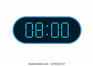 Ilustración plana vectorial de un reloj digital con 08.00 . Ilustración de alarma con diseño de números digitales. Icono de reloj por hora, mirar, señales de alarma