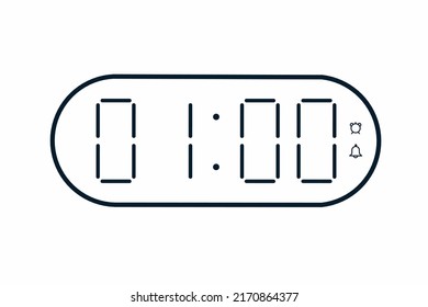 Vector flat illustration of a digital clock displaying 01.00 . Illustration of alarm with digital number design. Clock icon for hour, watch, alarm signs