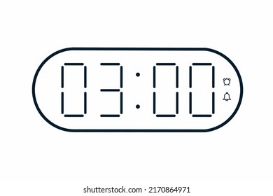 Ilustración plana vectorial de un reloj digital con 03.00 . Ilustración de alarma con diseño de números digitales. Icono de línea de reloj por hora, mirar, señales de alarma