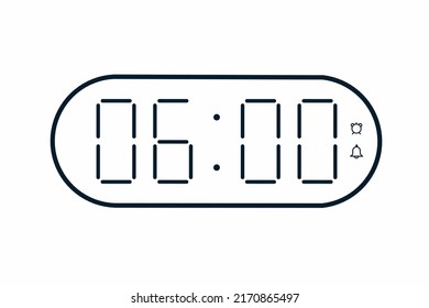 Vector flat illustration of a digital clock displaying 06.00 . Illustration of alarm with digital number design. Clock line icon for hour, watch, alarm signs