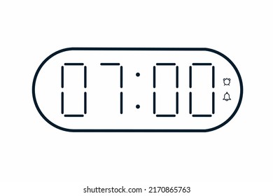 Vector flat illustration of a digital clock displaying 07.00 . Illustration of alarm with digital number design. Clock icon for hour, watch, alarm signs