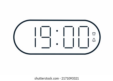 Ilustración plana vectorial de un reloj digital con 19.00 . Ilustración de alarma con diseño de números digitales. Icono de reloj por hora, mirar, señales de alarma