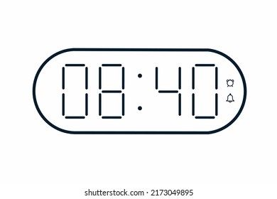 Vector flat illustration of a digital clock displaying 08.40 . Illustration of alarm with digital number design. Clock line icon for hour, watch, alarm signs