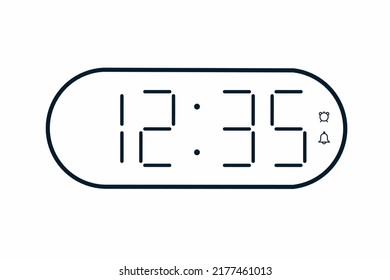 Vector flat illustration of a digital clock displaying 12.35 . Illustration of alarm with digital number design. Clock icon for hour, watch, alarm signs