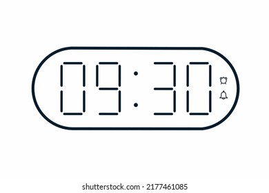 Vector flat illustration of a digital clock displaying 09.30 . Illustration of alarm with digital number design. Clock icon for hour, watch, alarm signs