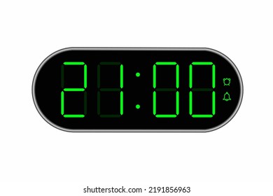 Ilustración plana vectorial de un reloj digital con 21.00 . Ilustración de alarma con diseño de números digitales. Icono de reloj por hora, mirar, señales de alarma