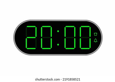 Ilustración plana vectorial de un reloj digital con 20.00 . Ilustración de alarma con diseño de números digitales. Icono de reloj por hora, mirar, señales de alarma