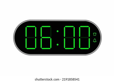 Vector flat illustration of a digital clock displaying 06.00 . Illustration of alarm with digital number design. Clock icon for hour, watch, alarm signs