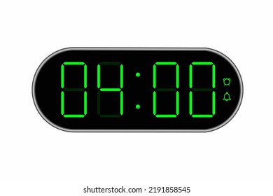 Vector flat illustration of a digital clock displaying 04.00 . Illustration of alarm with digital number design. Clock icon for hour, watch, alarm signs