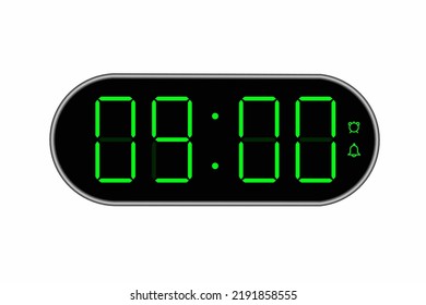 Ilustración plana vectorial de un reloj digital con 09.00 . Ilustración de alarma con diseño de números digitales. Icono de reloj por hora, mirar, señales de alarma