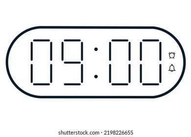 Ilustración plana vectorial de un reloj digital con 09.00 . Ilustración de alarma con diseño de números digitales. Icono de reloj por hora, mirar, señales de alarma