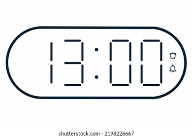 Ilustración plana vectorial de un reloj digital con 13.00 . Ilustración de alarma con diseño de números digitales. Icono de reloj por hora, mirar, señales de alarma