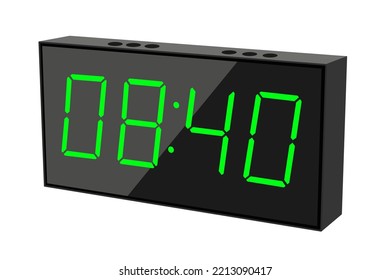 Vector flat illustration of a digital clock displaying 08.40 . Illustration of alarm with digital number design. Clock icon for hour, watch, alarm signs