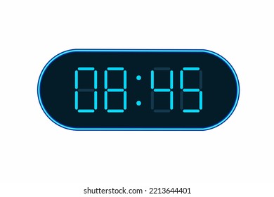 Vector flat illustration of a digital clock displaying 08.45 . Illustration of alarm with digital number design. Clock icon for hour, watch, alarm signs