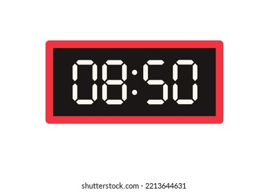 Vector flat illustration of a digital clock displaying 08.50 . Illustration of alarm with digital number design. Clock icon for hour, watch, alarm signs