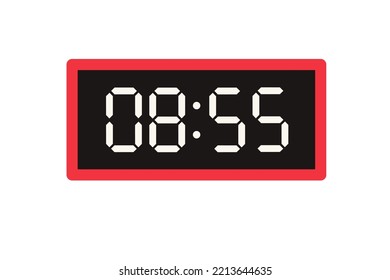 Vector flat illustration of a digital clock displaying 08.55 . Illustration of alarm with digital number design. Clock icon for hour, watch, alarm signs