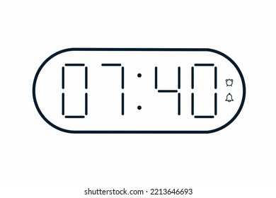 Vector flat illustration of a digital clock displaying 07.40 . Illustration of alarm with digital number design. Clock icon for hour, watch, alarm signs