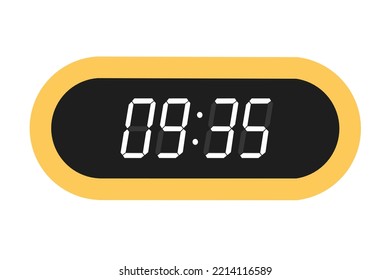 Vector flat illustration of a digital clock displaying 09.35  . Illustration of alarm with digital number design. Clock icon for hour, watch, alarm signs
