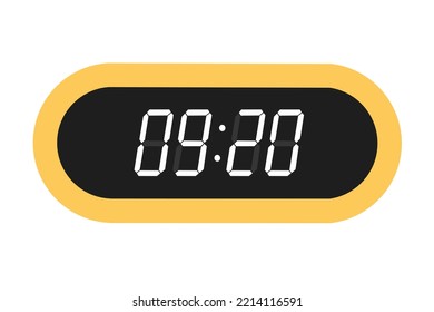 Vector flat illustration of a digital clock displaying 09.20 . Illustration of alarm with digital number design. Clock icon for hour, watch, alarm signs
