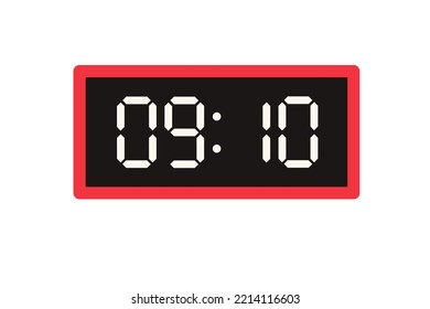 Vector flat illustration of a digital clock displaying 09.10 . Illustration of alarm with digital number design. Clock icon for hour, watch, alarm signs
