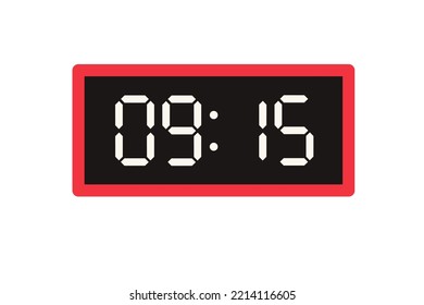 Vector flat illustration of a digital clock displaying 09.15 . Illustration of alarm with digital number design. Clock icon for hour, watch, alarm signs