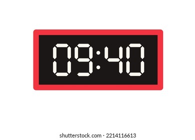 Vector flat illustration of a digital clock displaying 09.40 . Illustration of alarm with digital number design. Clock icon for hour, watch, alarm signs