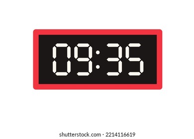 Vector flat illustration of a digital clock displaying 09.35  . Illustration of alarm with digital number design. Clock icon for hour, watch, alarm signs