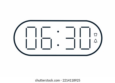 Vector flat illustration of a digital clock displaying 06.30 . Illustration of alarm with digital number design. Clock icon for hour, watch, alarm signs