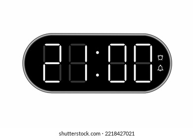 Ilustración plana vectorial de un reloj digital con 21.00 . Ilustración de alarma con diseño de números digitales. Icono de reloj por hora, mira, señales de alarma.