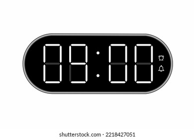 Ilustración plana vectorial de un reloj digital con 09.00 . Ilustración de alarma con diseño de números digitales. Icono de reloj por hora, mira, señales de alarma.