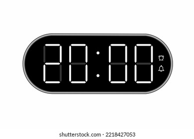 Ilustración plana vectorial de un reloj digital con 20.00 . Ilustración de alarma con diseño de números digitales. Icono de reloj por hora, mira, señales de alarma.