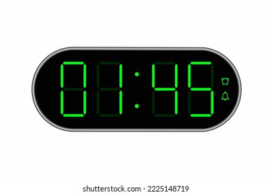 Vector flat illustration of a digital clock displaying 01.45 . Illustration of alarm with digital number design. Clock icon for hour, watch, alarm signs.