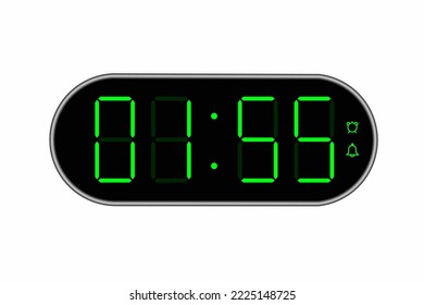 Vector flat illustration of a digital clock displaying 01.55 . Illustration of alarm with digital number design. Clock icon for hour, watch, alarm signs.