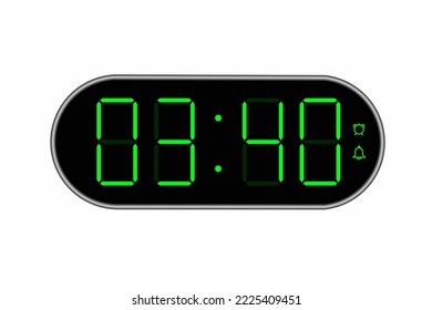 Vector flat illustration of a digital clock displaying 03.40 . Illustration of alarm with digital number design. Clock icon for hour, watch, alarm signs.