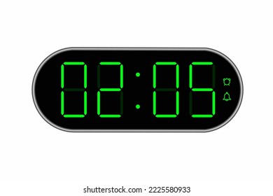 Vector flat illustration of a digital clock displaying 02.05 . Illustration of alarm with digital number design. Clock icon for hour, watch, alarm signs.