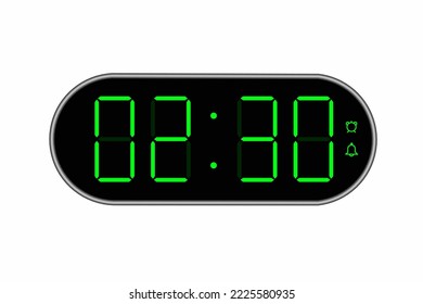 Vector flat illustration of a digital clock displaying 02.30 . Illustration of alarm with digital number design. Clock icon for hour, watch, alarm signs.