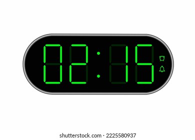 Vector flat illustration of a digital clock displaying 02.15 . Illustration of alarm with digital number design. Clock icon for hour, watch, alarm signs.