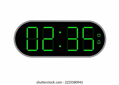 Vector flat illustration of a digital clock displaying 02.35 . Illustration of alarm with digital number design. Clock icon for hour, watch, alarm signs.