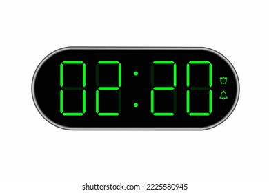 Vector flat illustration of a digital clock displaying 02.20 . Illustration of alarm with digital number design. Clock icon for hour, watch, alarm signs.