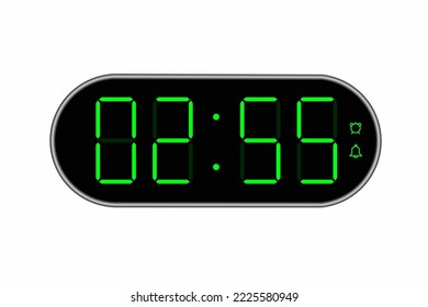 Vector flat illustration of a digital clock displaying 02.55 . Illustration of alarm with digital number design. Clock icon for hour, watch, alarm signs.