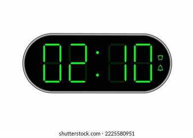 Vector flat illustration of a digital clock displaying 02.10 . Illustration of alarm with digital number design. Clock icon for hour, watch, alarm signs.