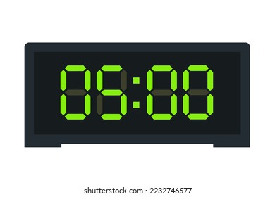 Vector flat illustration of a digital clock displaying 05.00 . Illustration of alarm with led digital number design. Clock icon for hour, watch, alarm signs.